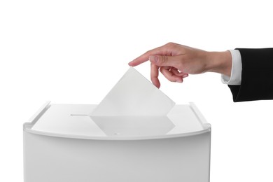 Photo of Woman putting her vote into ballot box against white background, closeup