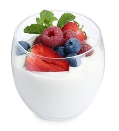 Tasty yogurt with fresh berries and mint in glass isolated on white