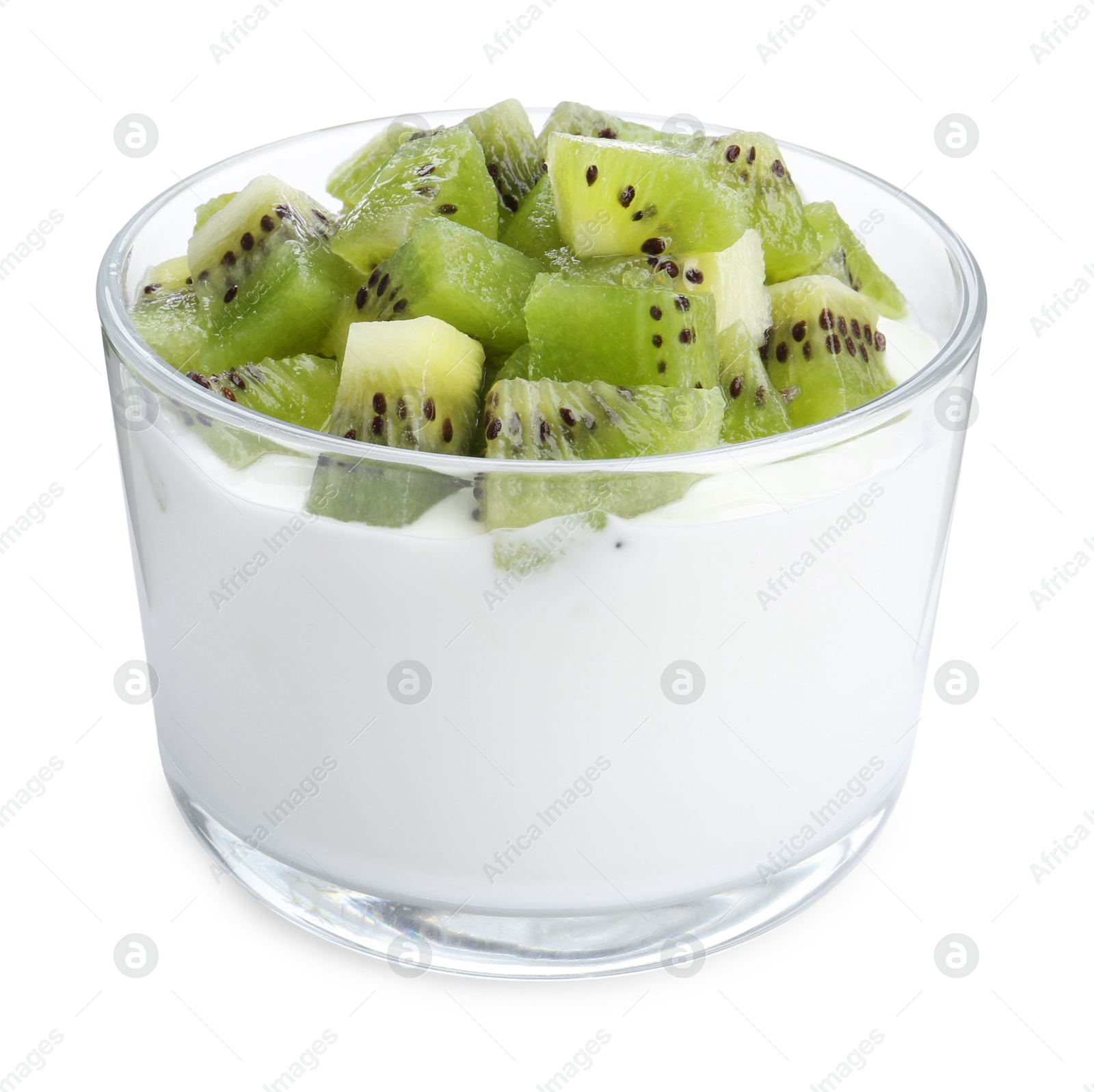 Photo of Tasty yogurt with fresh kiwi in glass isolated on white