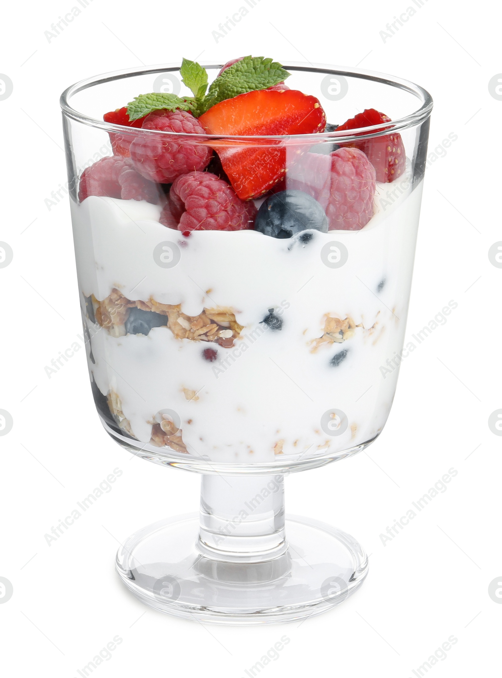 Photo of Tasty yogurt with fresh berries and mint in glass dessert bowl isolated on white