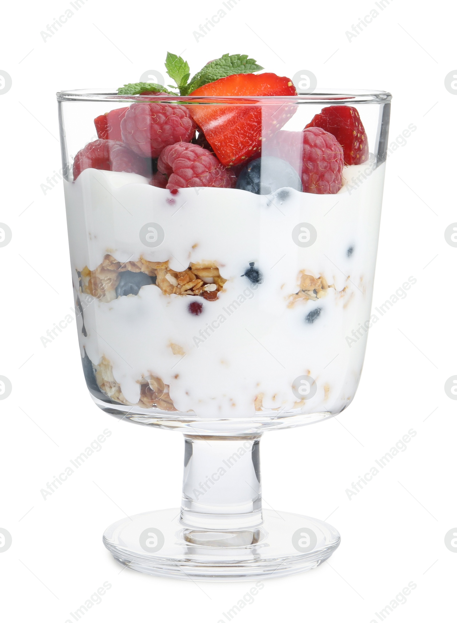 Photo of Tasty yogurt with fresh berries and mint in glass dessert bowl isolated on white