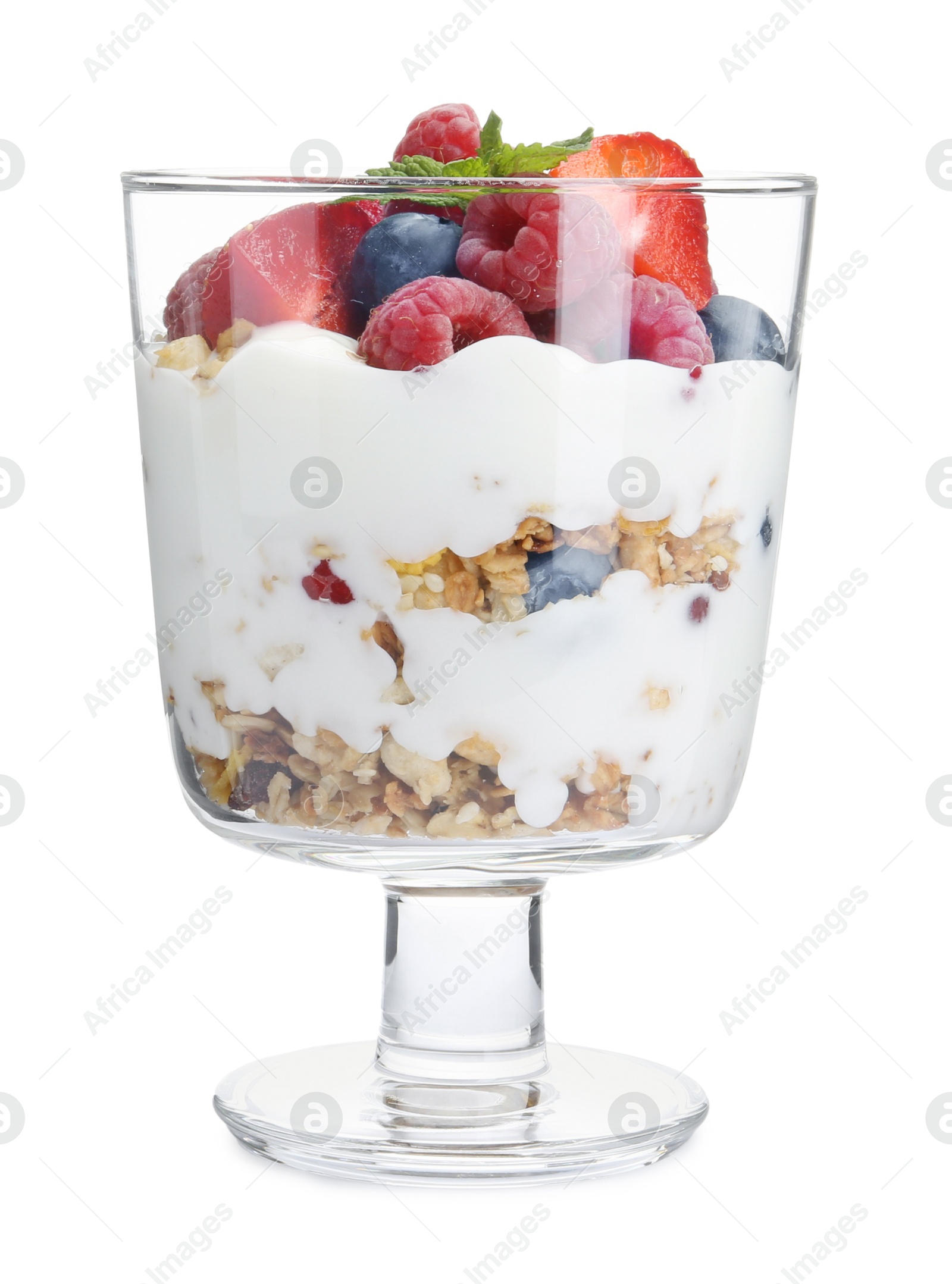 Photo of Tasty yogurt with fresh berries and mint in glass dessert bowl isolated on white