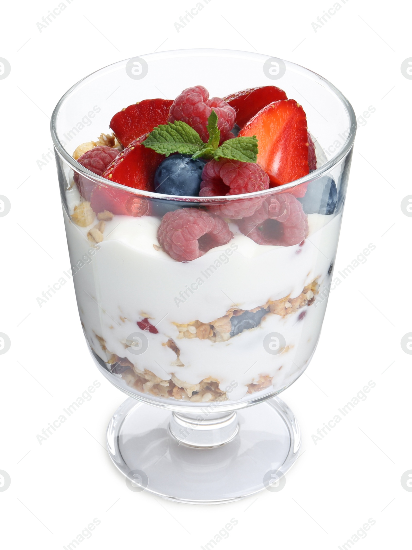 Photo of Tasty yogurt with fresh berries and mint in glass dessert bowl isolated on white