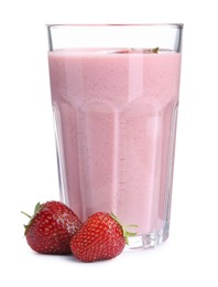 Photo of Tasty yogurt in glass and fresh strawberries isolated on white