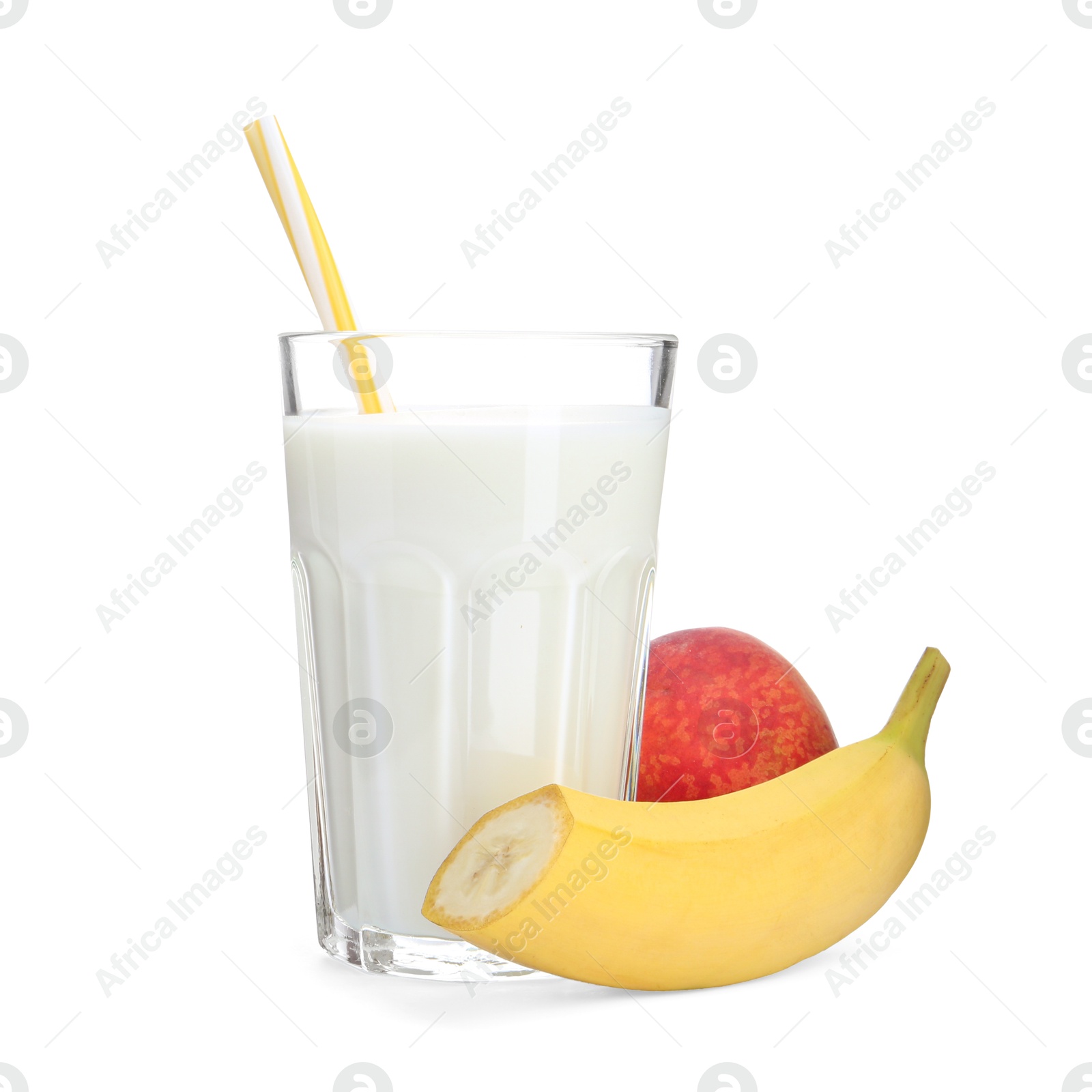 Photo of Tasty yogurt in glass, banana and peach isolated on white