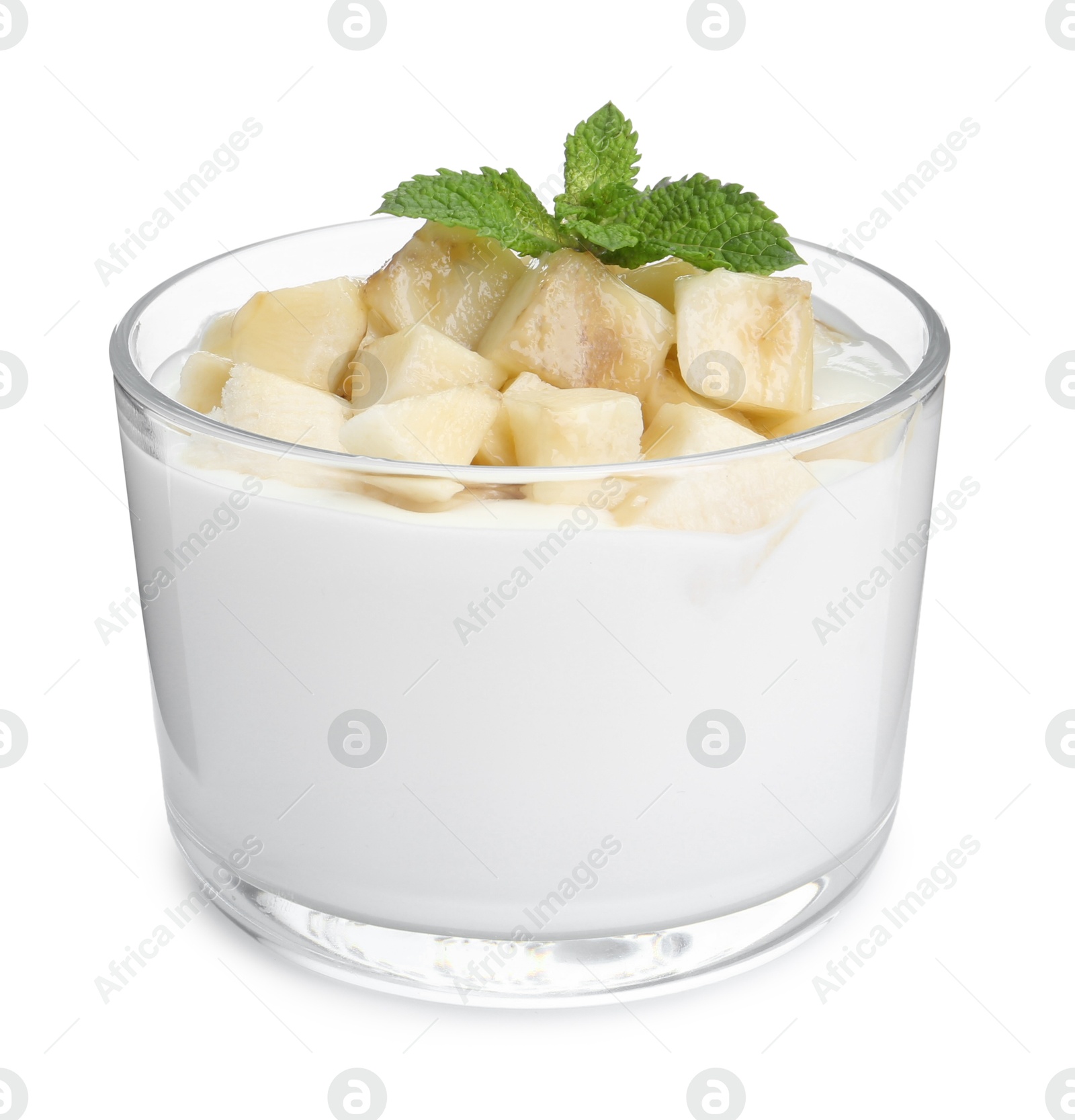 Photo of Tasty yogurt with banana and mint in glass isolated on white