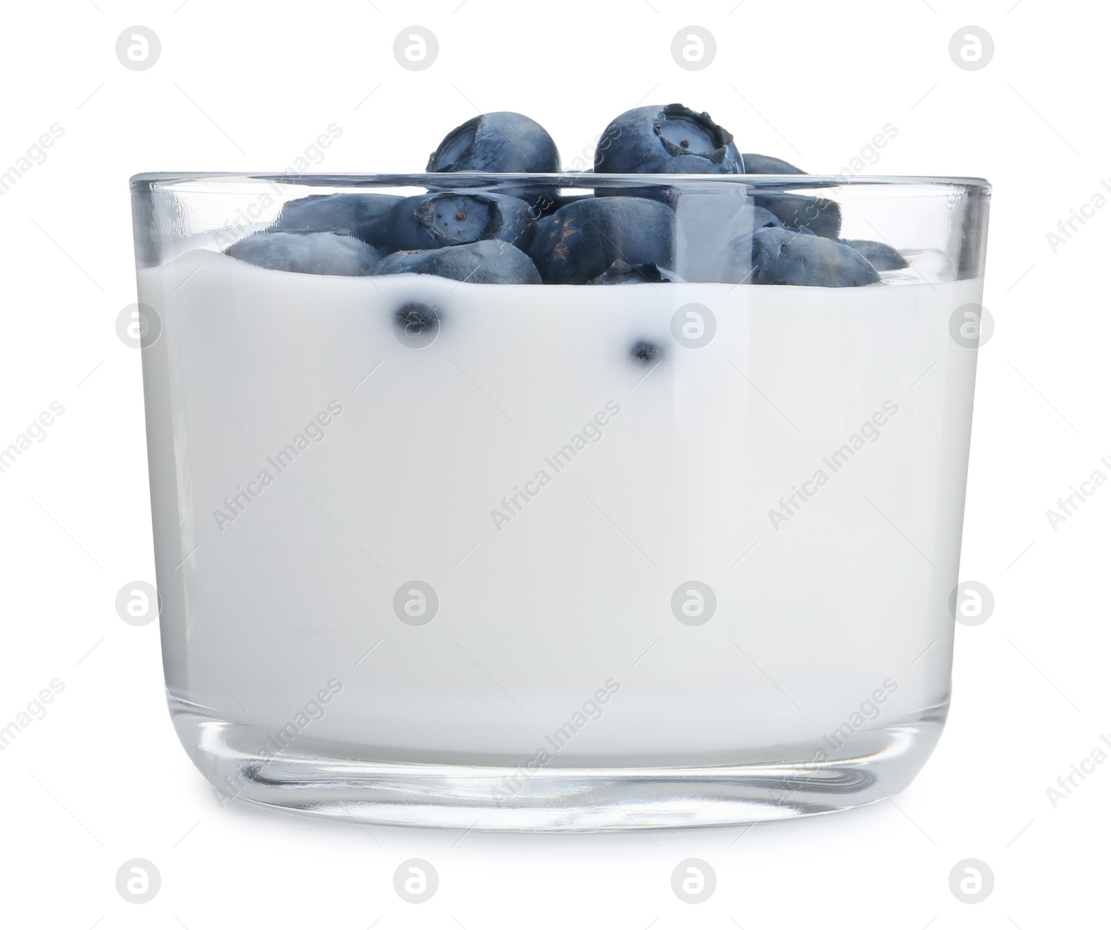 Photo of Tasty yogurt with blueberries in glass isolated on white