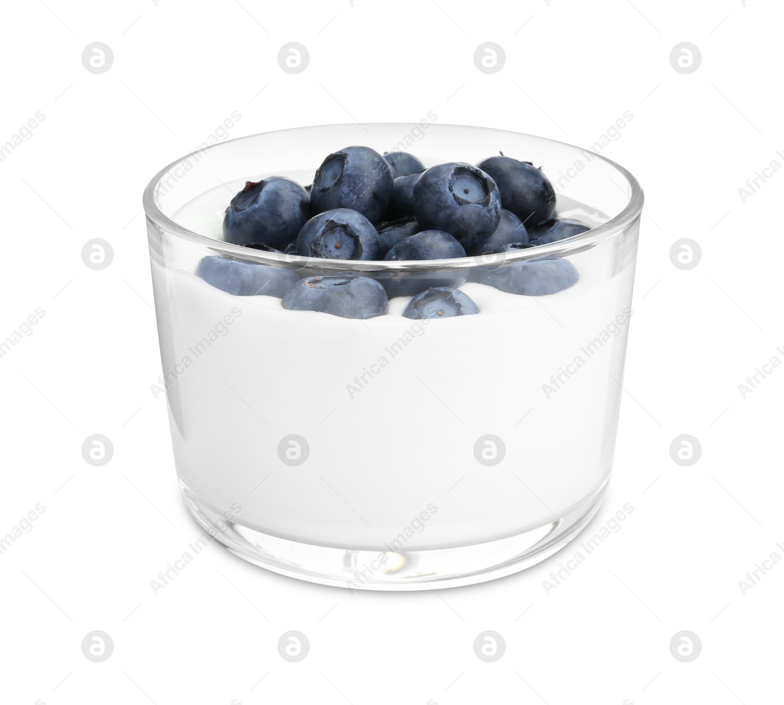 Photo of Tasty yogurt with blueberries in glass isolated on white