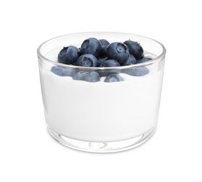 Photo of Tasty yogurt with blueberries in glass isolated on white