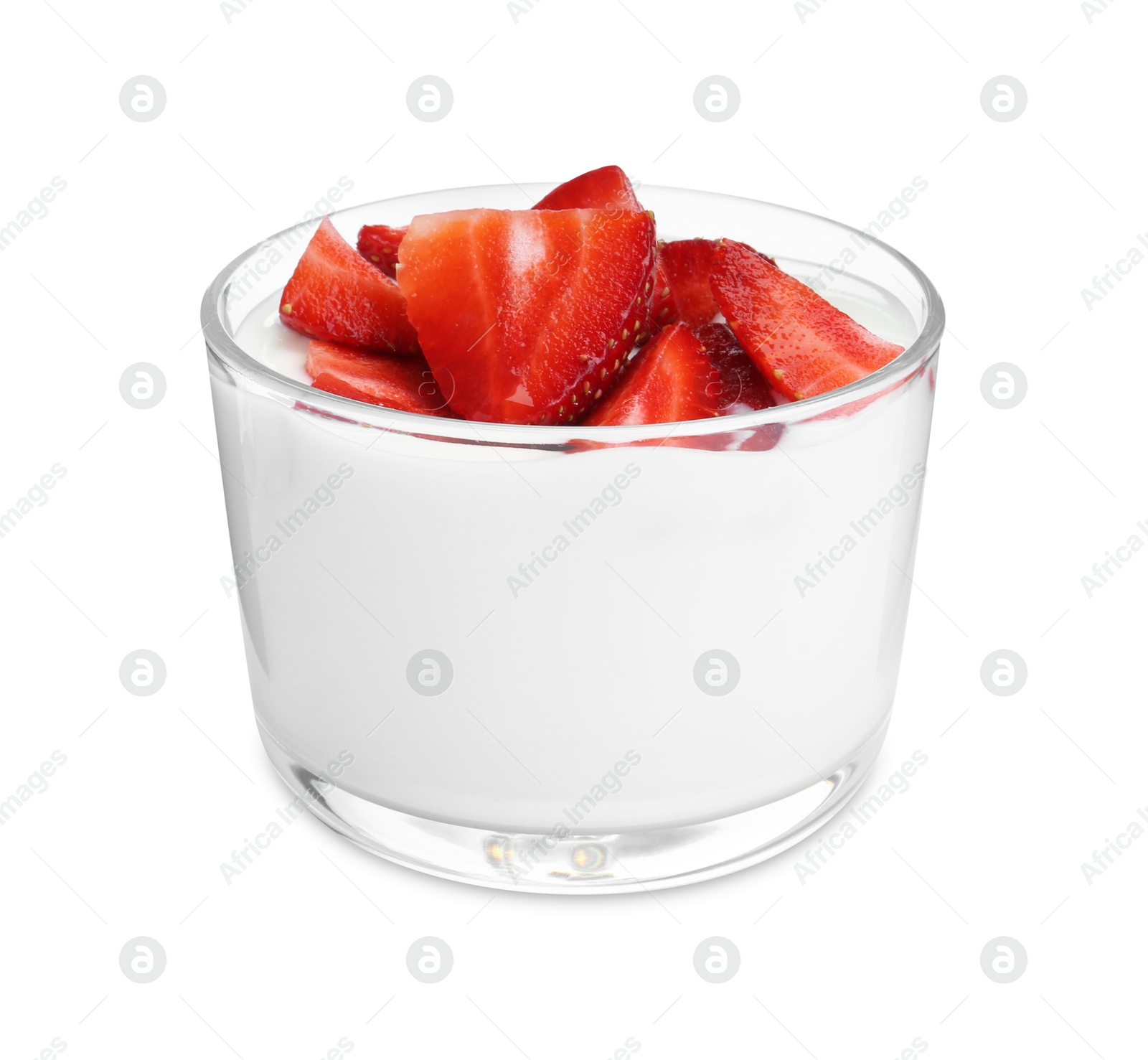 Photo of Tasty yogurt with strawberries in glass isolated on white