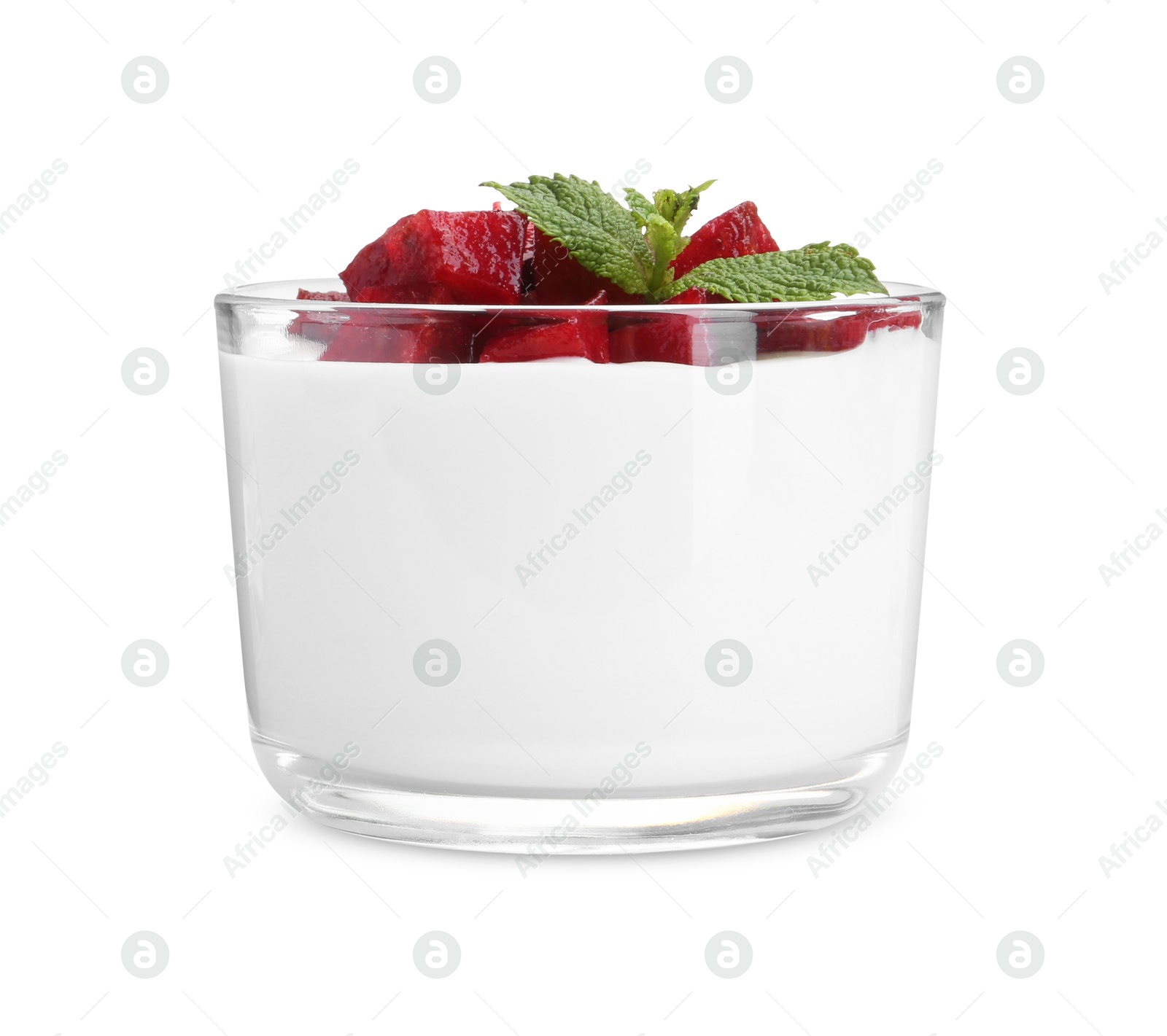 Photo of Tasty yogurt with plums and mint in glass isolated on white