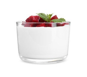 Photo of Tasty yogurt with plums and mint in glass isolated on white