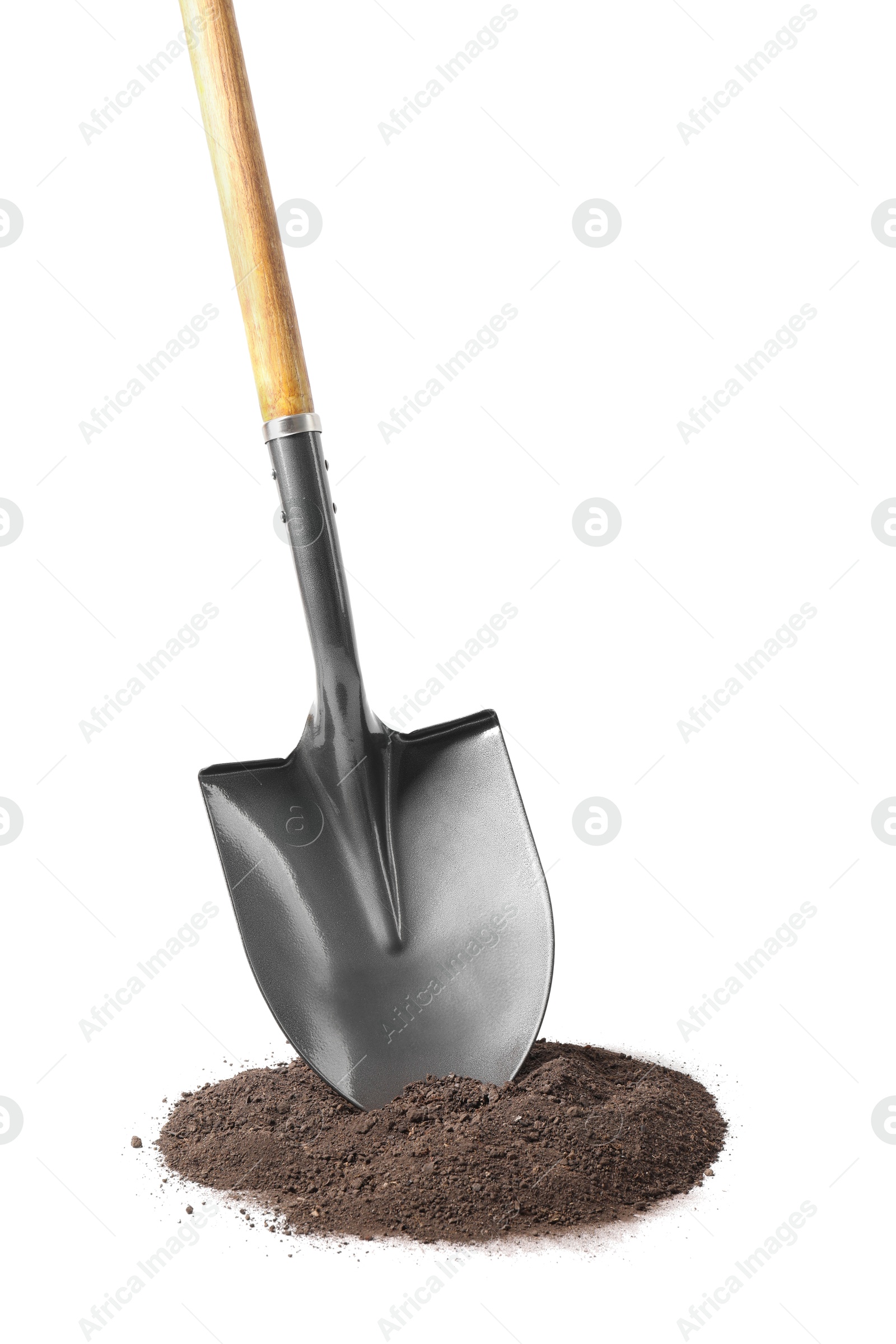 Photo of Metal shovel with wooden handle and pile of soil isolated on white