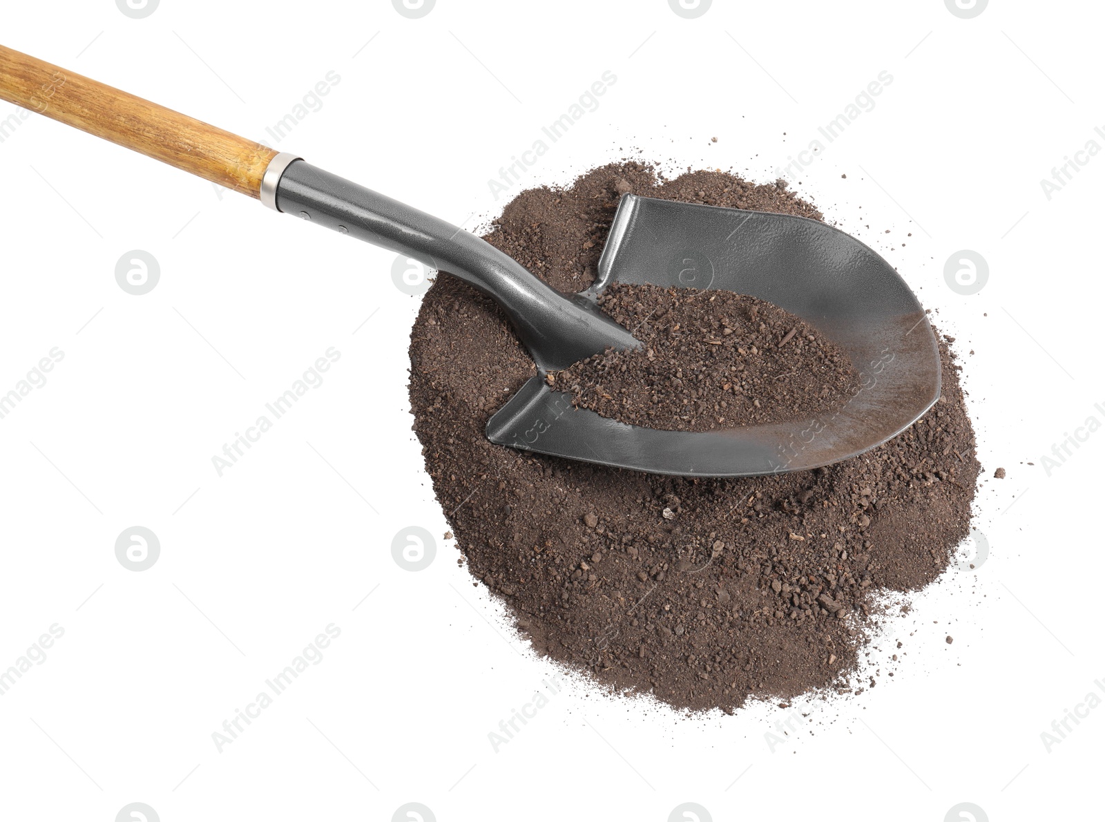 Photo of Metal shovel with wooden handle and pile of soil isolated on white, top view