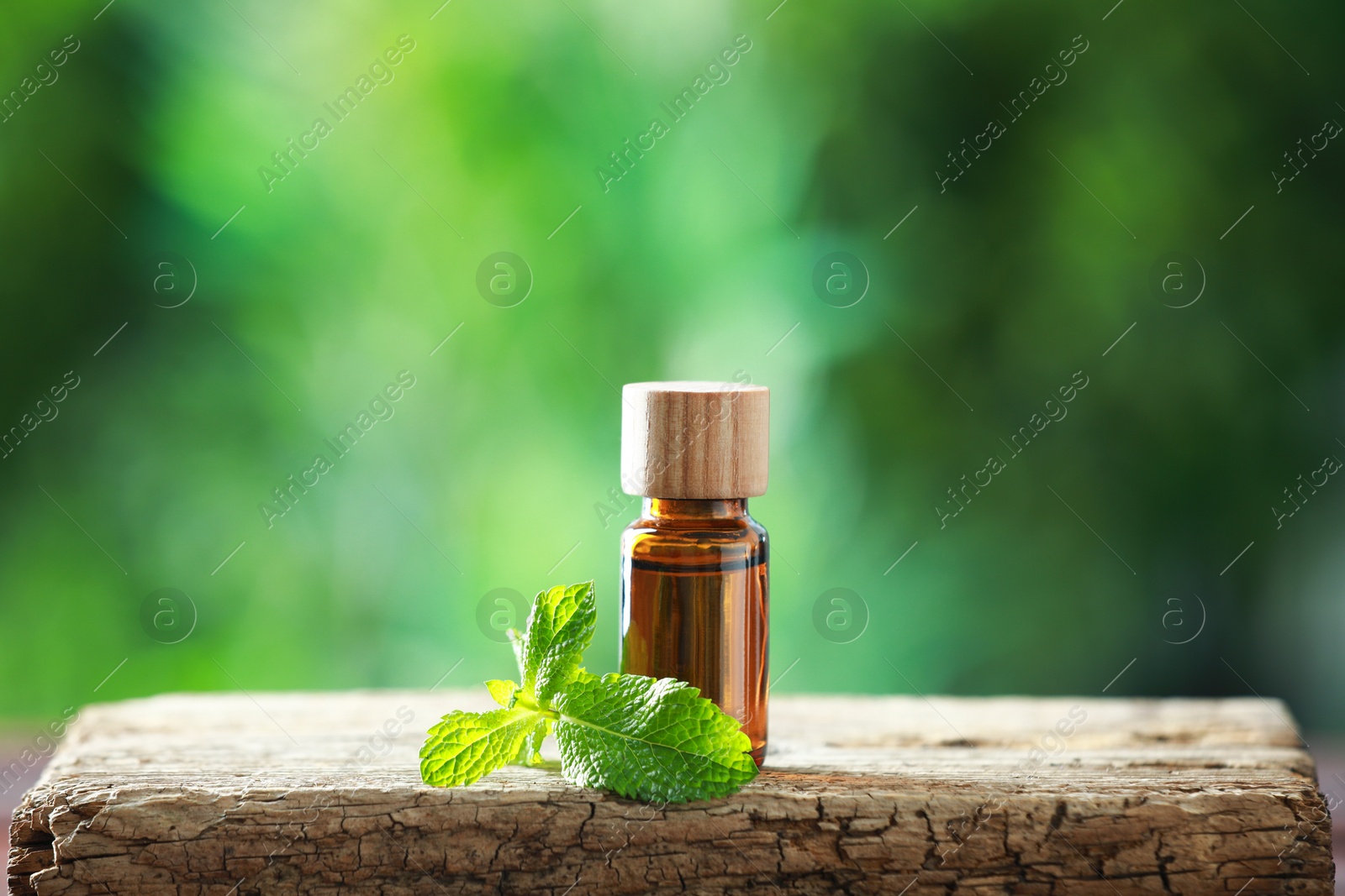 Photo of Bottle of mint essential oil and fresh leaves on wooden table