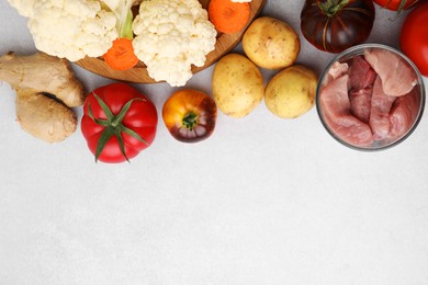 Photo of Different vegetables and raw meat for stew on light grey table, top view. Space for text