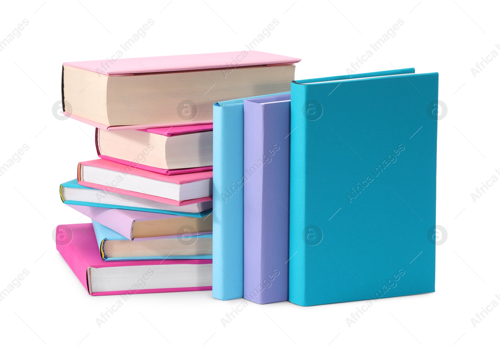 Photo of Many bright colorful books isolated on white