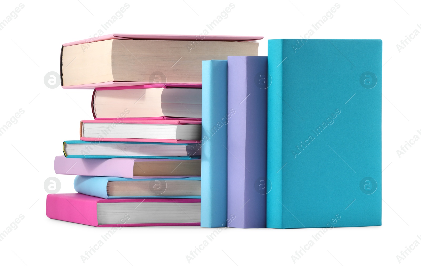 Photo of Many bright colorful books isolated on white