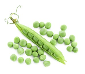 Photo of Green fresh peas and pod isolated on white, top view