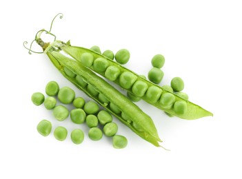 Photo of Green fresh peas and pods isolated on white, top view