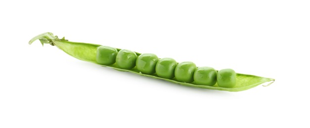 Photo of One green fresh pea pod isolated on white