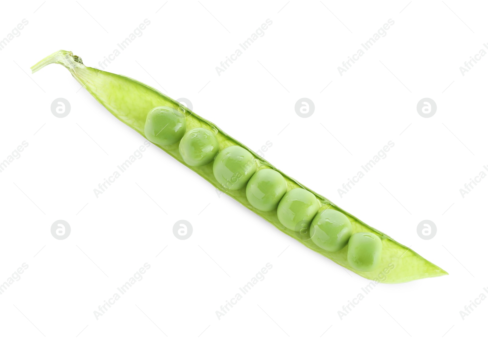 Photo of One green fresh pea pod isolated on white, top view