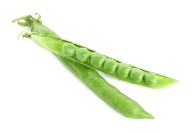 Photo of Green fresh pea pods isolated on white, top view