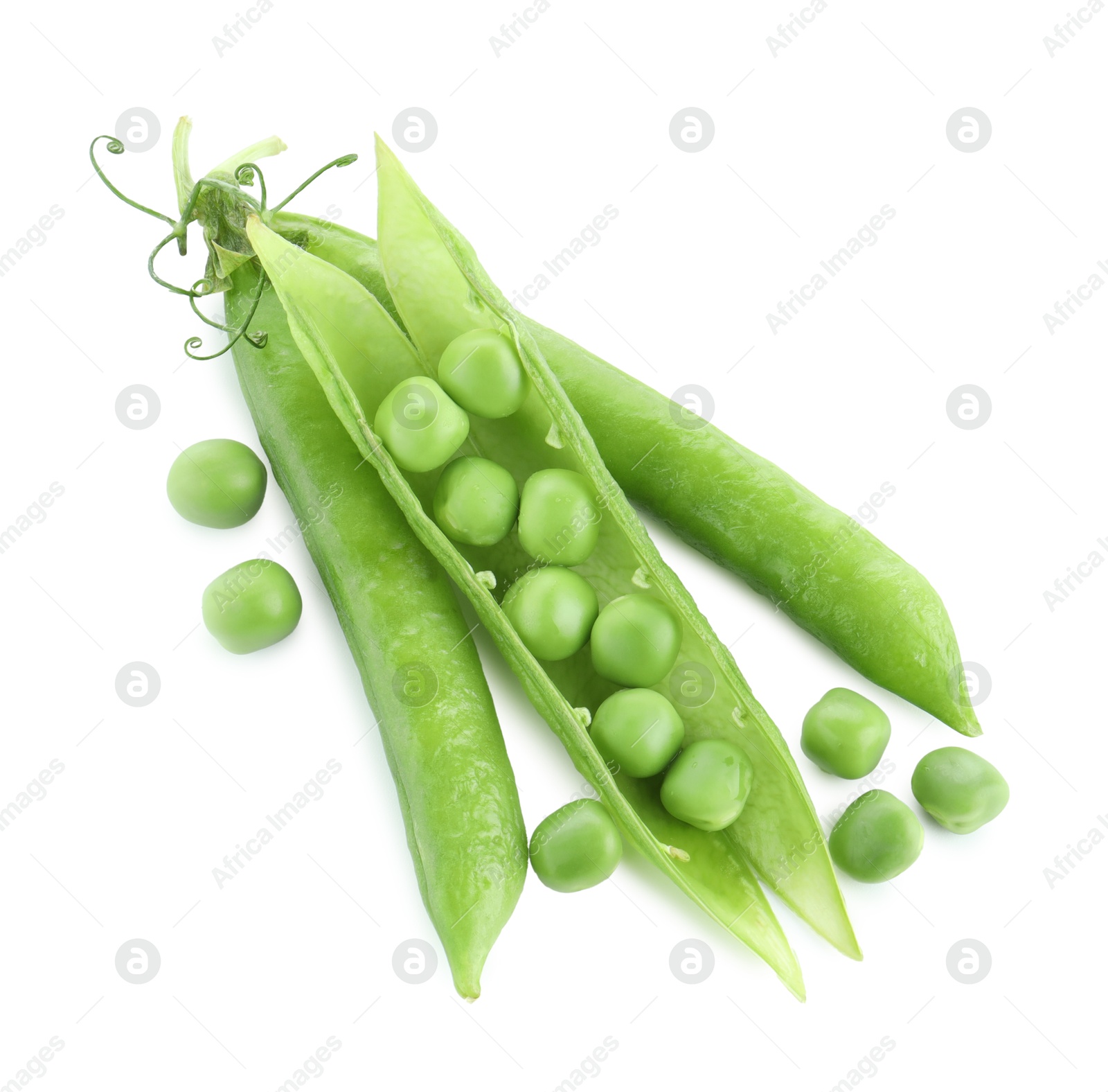 Photo of Green fresh peas and pods isolated on white, top view