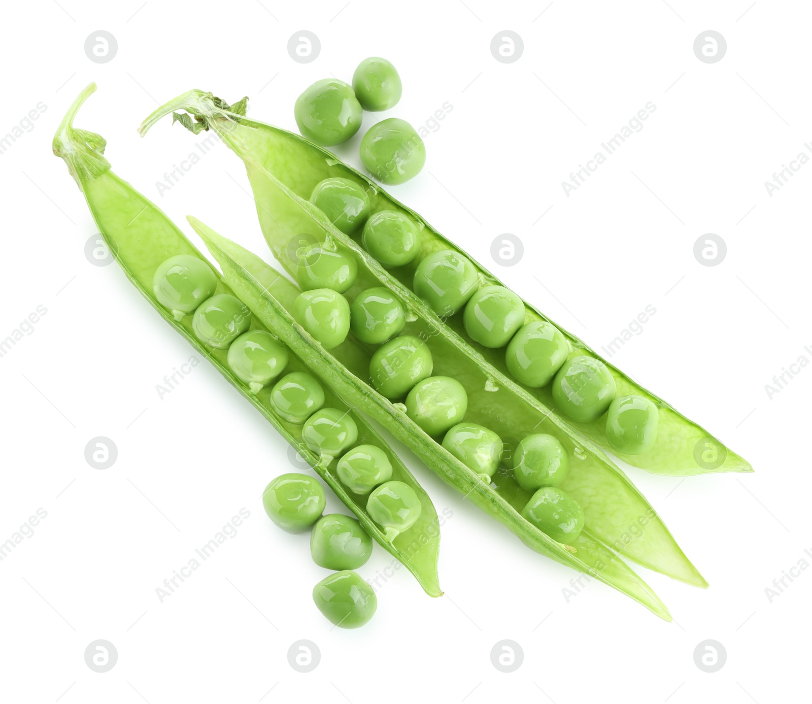 Photo of Green fresh peas and pods isolated on white, top view