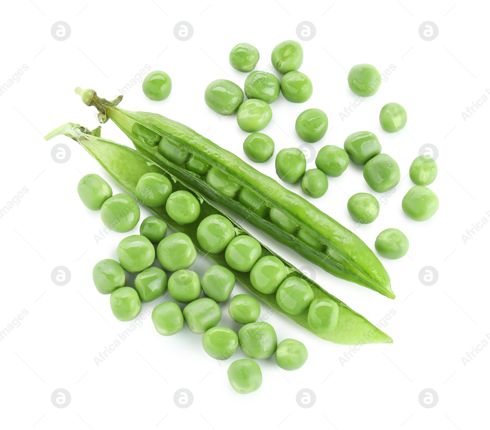 Photo of Green fresh peas and pods isolated on white, top view