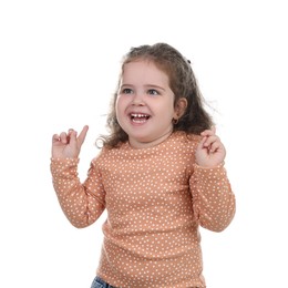 Portrait of smiling girl on white background. Adorable child