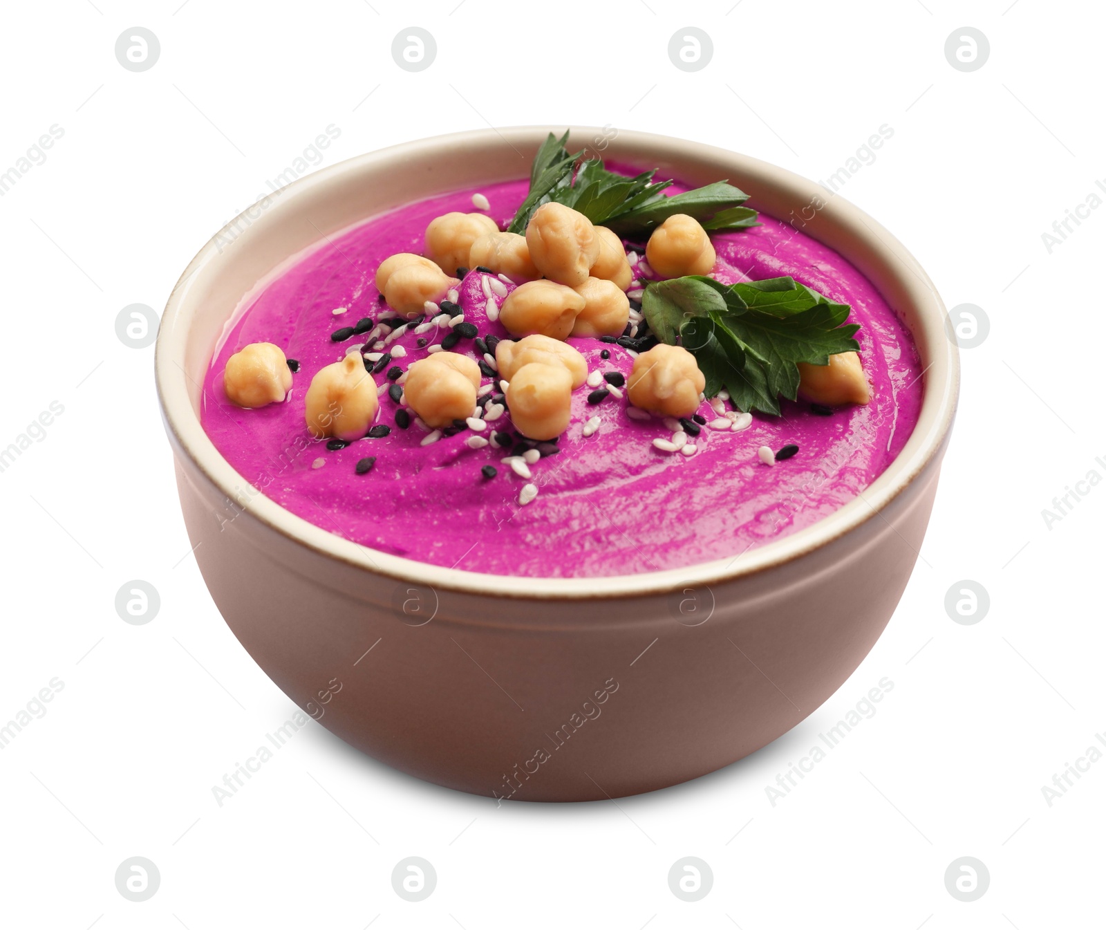 Photo of Tasty beetroot hummus, parsley and chickpeas in bowl isolated on white