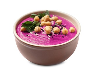 Photo of Tasty beetroot hummus, parsley and chickpeas in bowl isolated on white