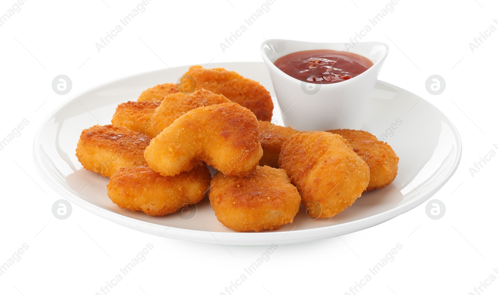 Photo of Tasty chicken nuggets with chili sauce isolated on white