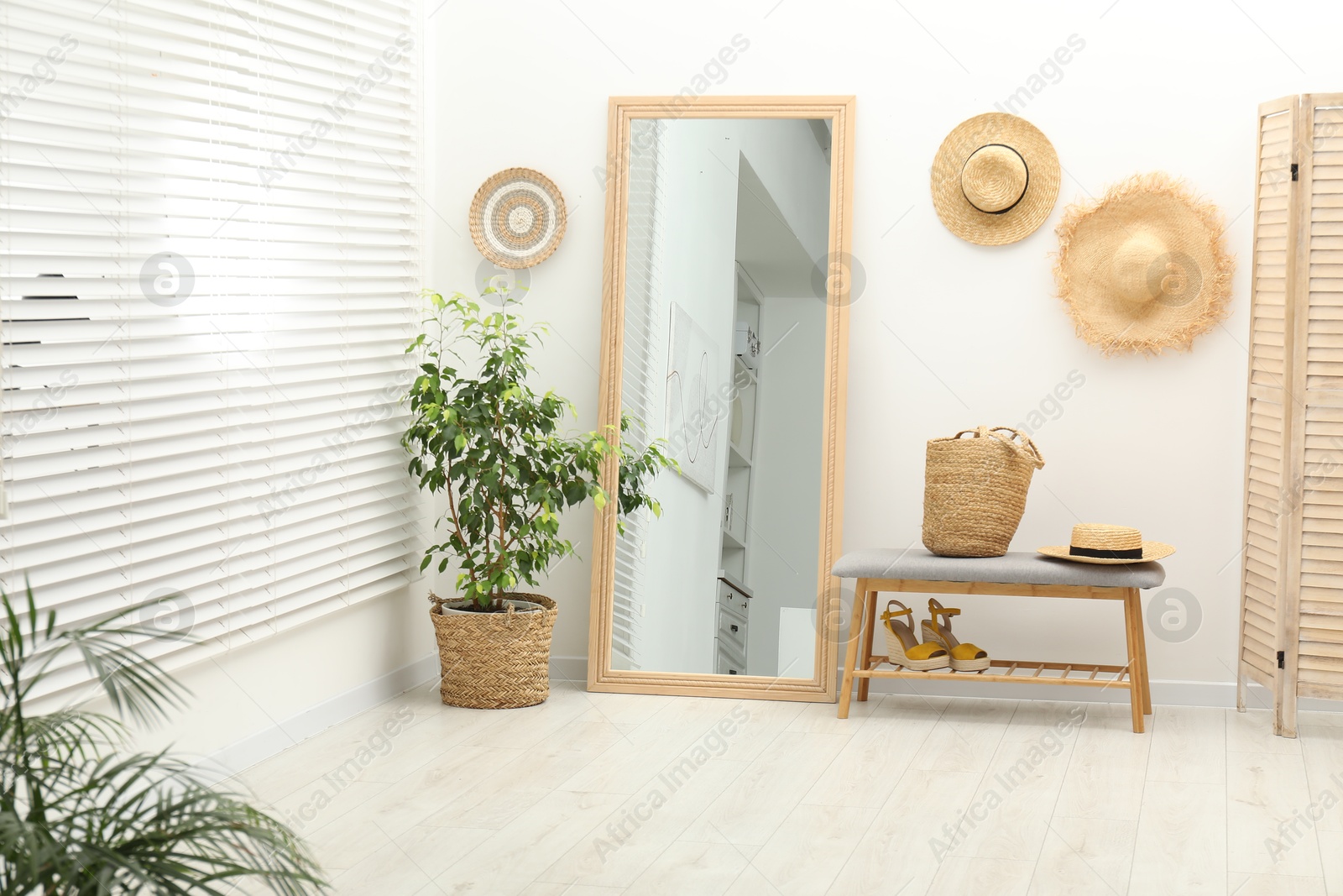 Photo of Large mirror near white wall in room. Interior design