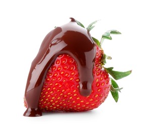 Photo of Fresh strawberry with melted chocolate isolated on white