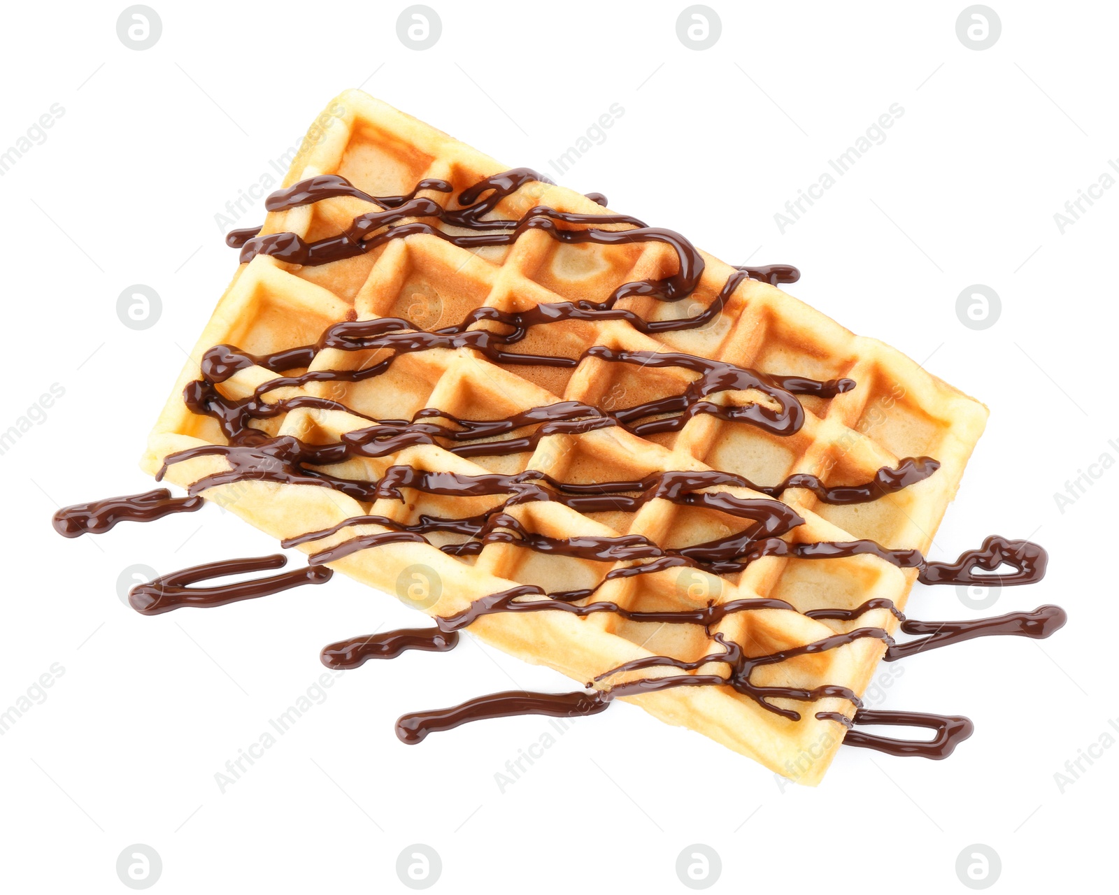 Photo of Delicious Belgian waffle with melted chocolate isolated on white, top view