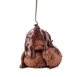 Photo of Pouring melted chocolate onto ice cream isolated on white