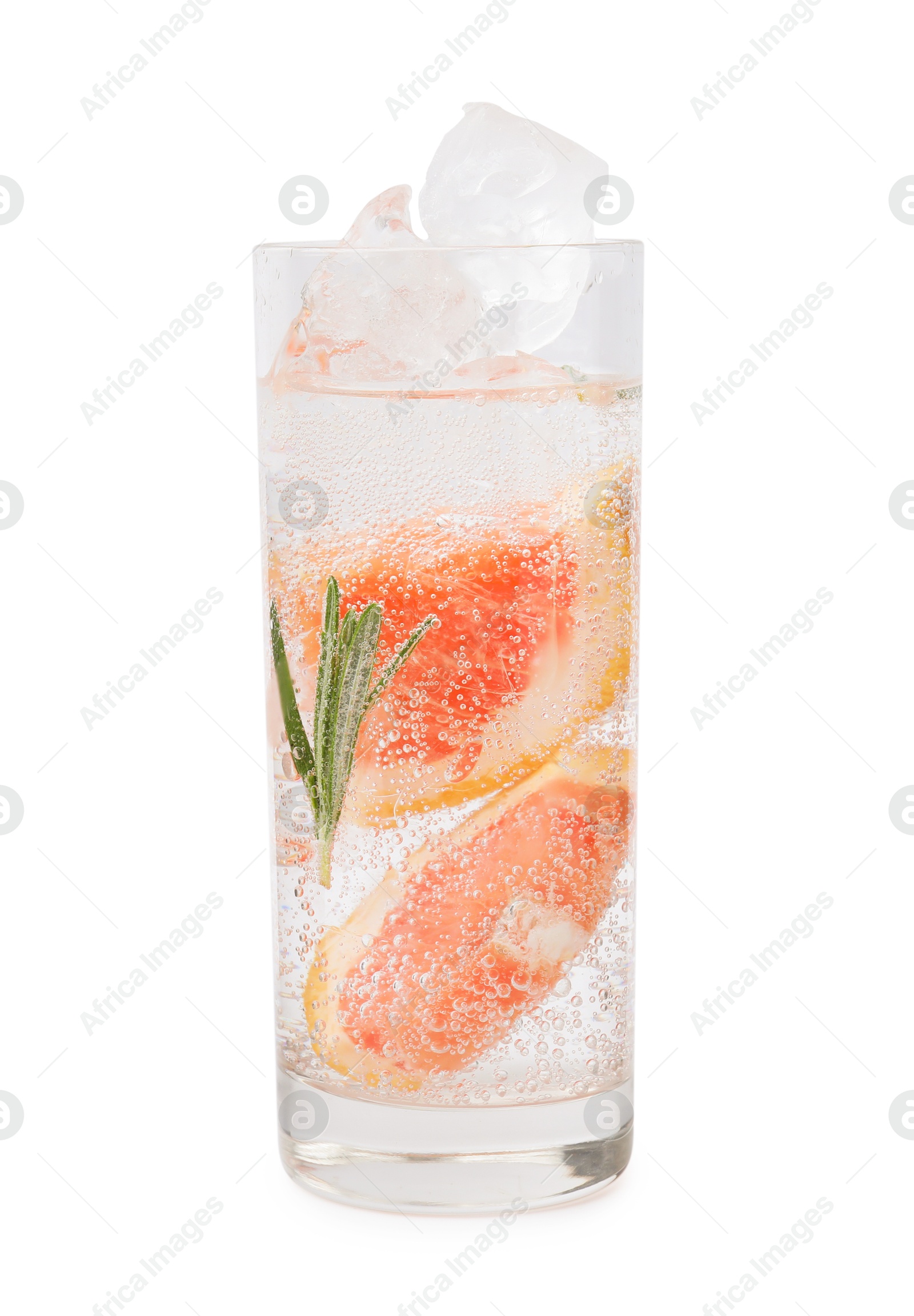 Photo of Refreshing water with grapefruit and rosemary in glass isolated on white