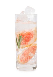 Photo of Refreshing water with grapefruit and rosemary in glass isolated on white