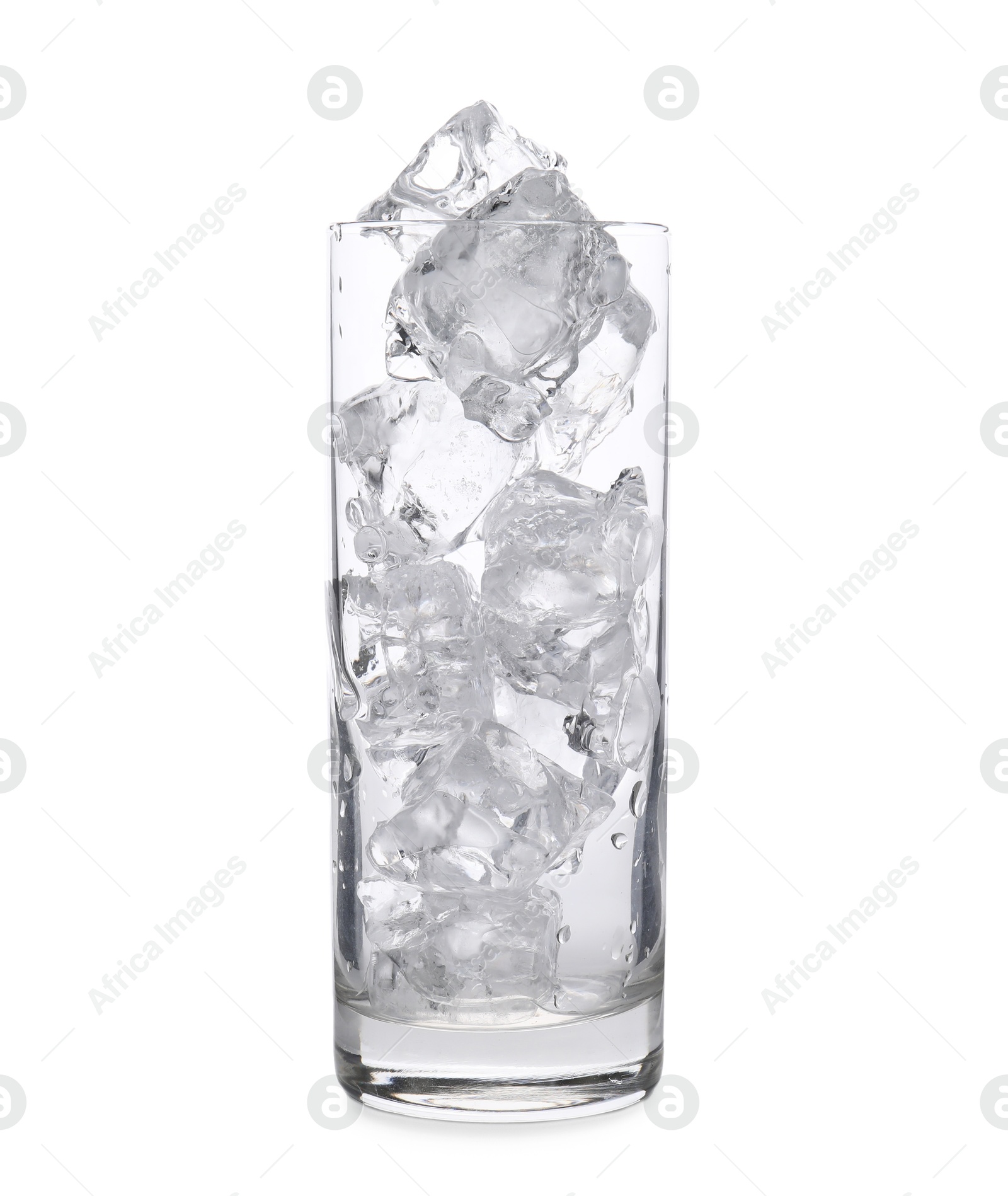 Photo of One glass with ice for refreshing drink isolated on white