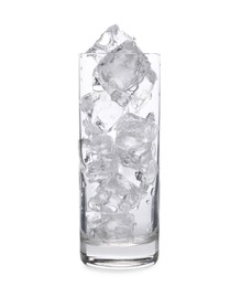 Photo of One glass with ice for refreshing drink isolated on white