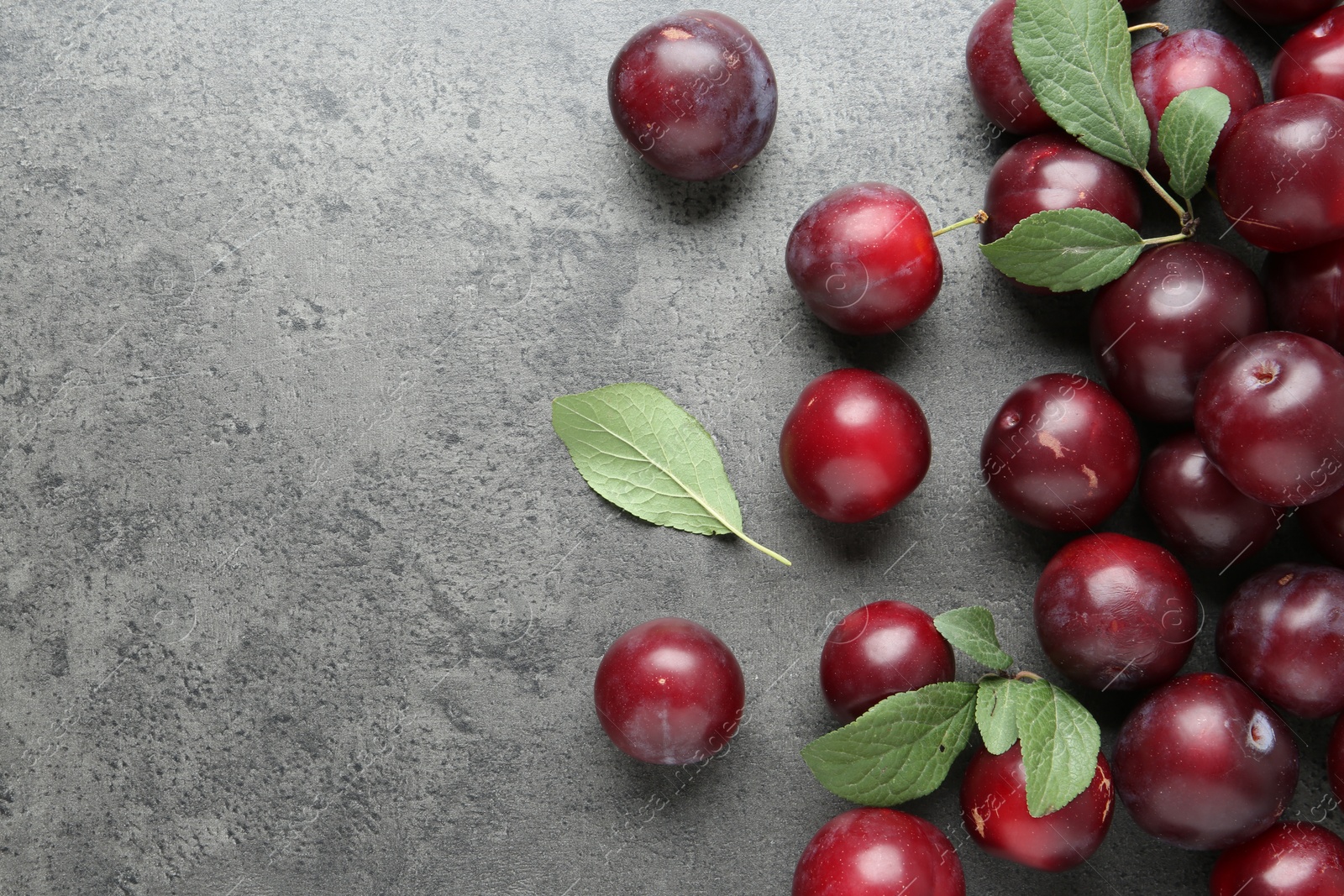 Photo of Fresh plums and leaves on grey textured table, flat lay. Space for text