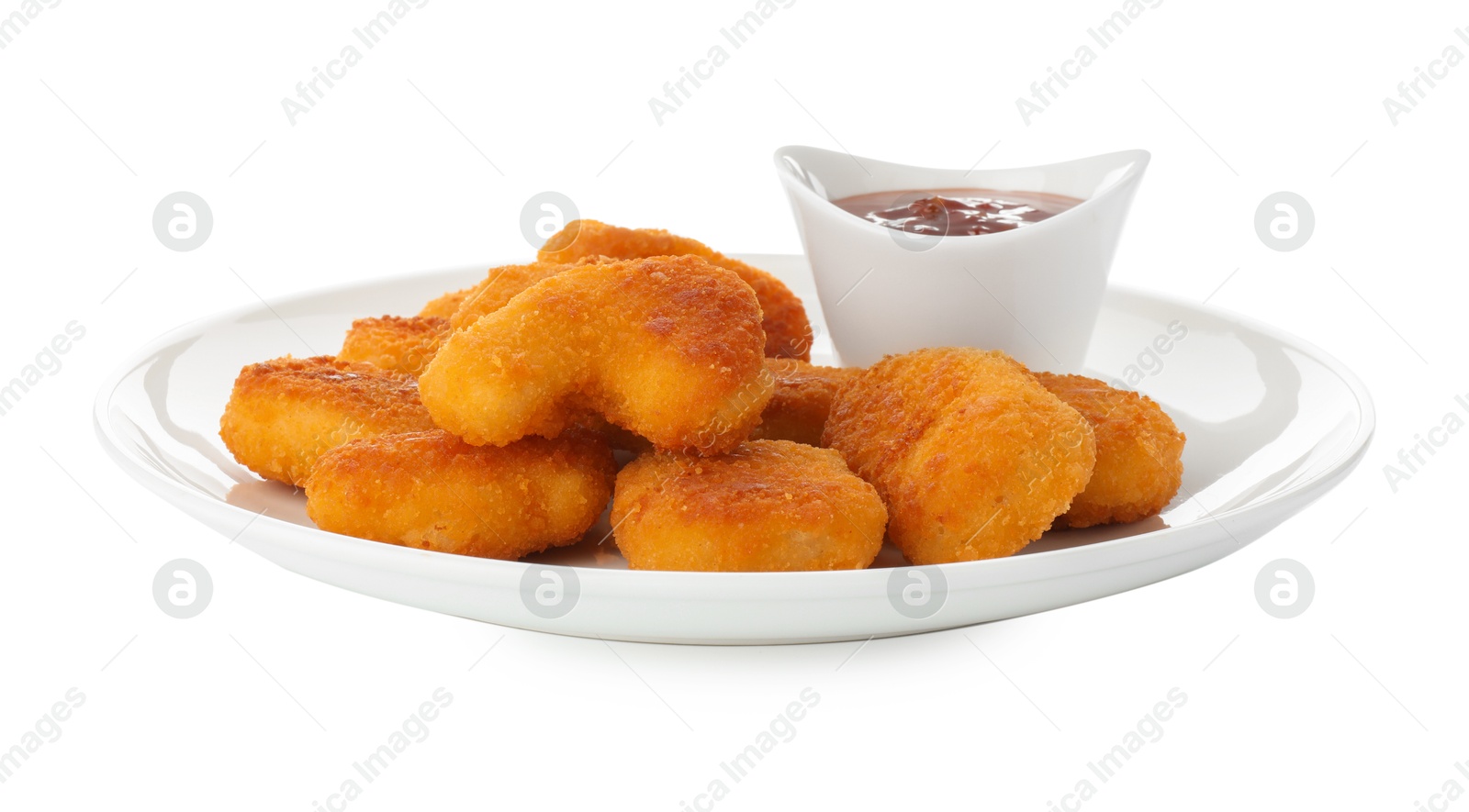 Photo of Tasty chicken nuggets with chili sauce isolated on white