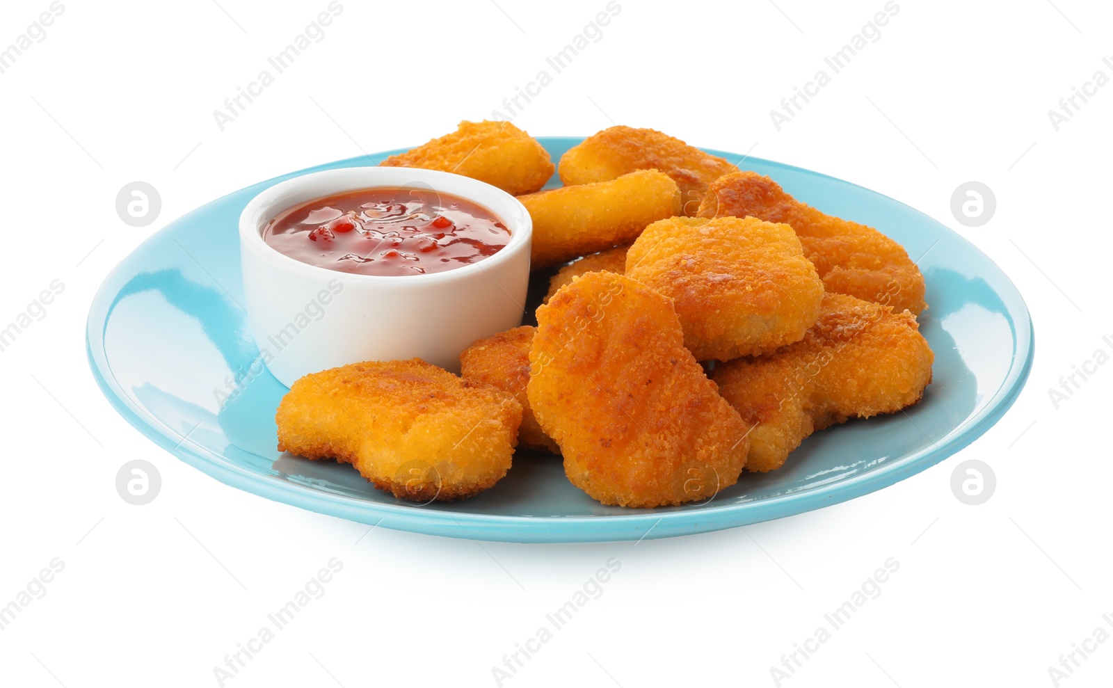 Photo of Tasty chicken nuggets with chili sauce isolated on white