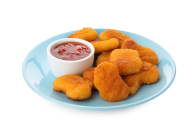 Photo of Tasty chicken nuggets with chili sauce isolated on white