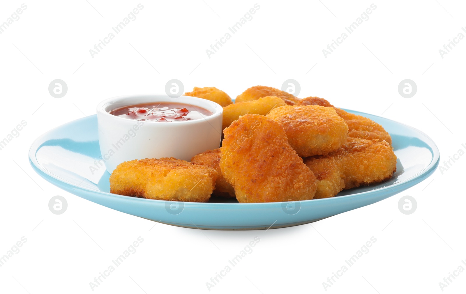 Photo of Tasty chicken nuggets with chili sauce isolated on white