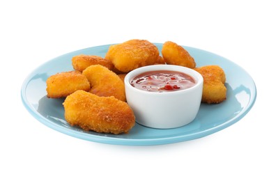 Photo of Tasty chicken nuggets with chili sauce isolated on white