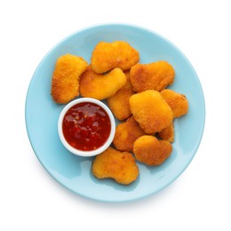 Photo of Tasty chicken nuggets with chili sauce isolated on white, top view