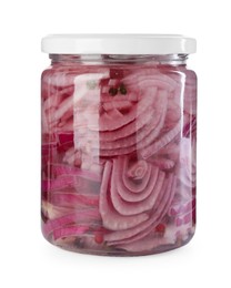 Photo of Tasty pickled onion in jar isolated on white